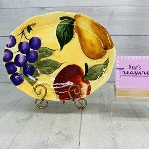 Home Trends VERDONA Grapes Apple Pear On Yellow Ceramic 13" Oval Serving Platter